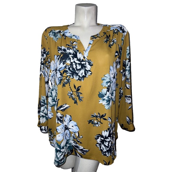 Van Heusen Tops - Van Heusen Top Women's Size XXL Mustard Blue Floral 3/4 Sleeve Pullover Blouse